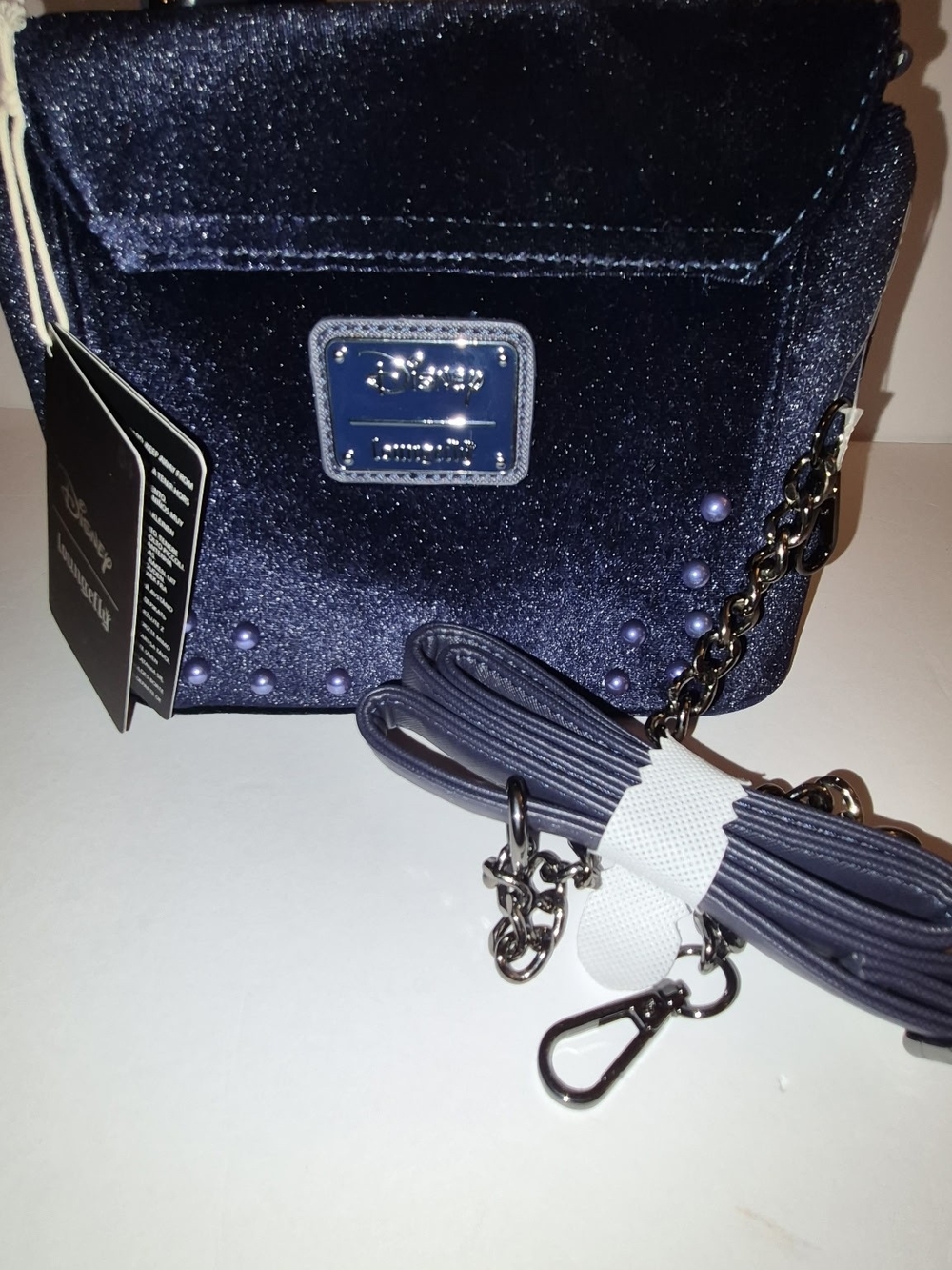 Disney Loungefly Navy Velvet Crossbody Bag with Pearlescent Studs